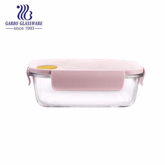 Mikrowellengeeigneter 630-ml-Borosilikatglas-Schüssel-Mittagessenbehälter mit verschließbarem Deckel. Runde, rechteckige Lebensmittelaufbewahrungsschalen