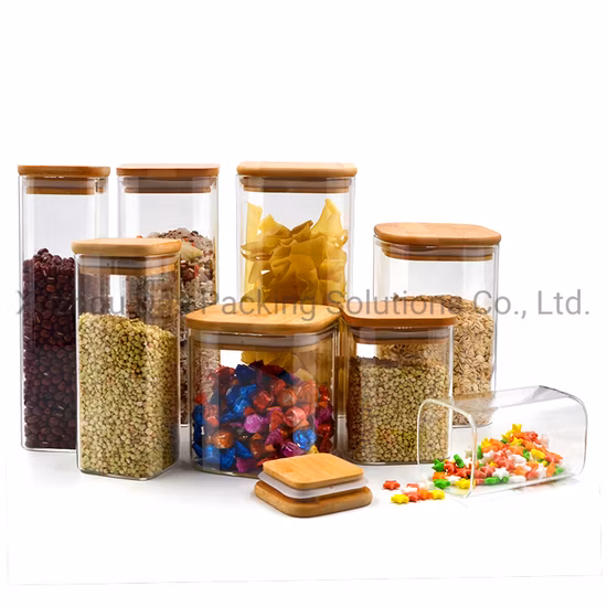 Handgefertigter, quadratischer Vorratsbehälter aus Borosilikatglas, Lebensmittelbehälter aus Glas mit Deckel aus Bambusholz