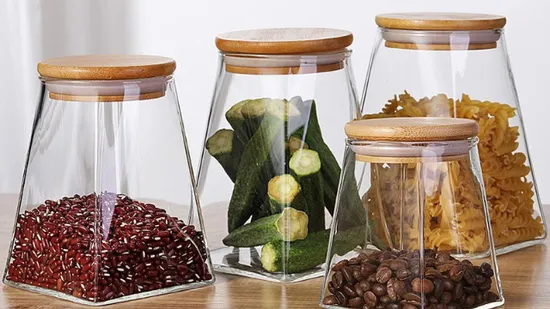 Glasbehälter mit hohem Borosilikatgehalt, luftdicht, trapezförmig, Vorratstank, Bonbongläser, Lebensmittelbehälter, Behälter mit Bambus-Holzdeckel