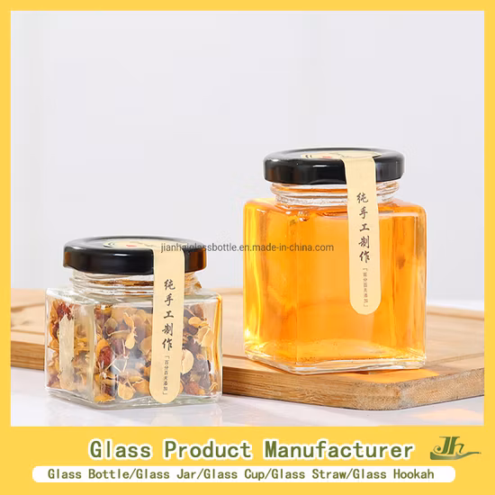 4 Unzen / 8 Unzen / 10 Unzen / 12 Unzen / 16 Unzen / 32 Unzen / 180 ml / 220 ml / 380 ml Hersteller von großen Zuckermarmeladeflaschen mit hohem Borosilikatgehalt für die Aufbewahrung von Küchenlebensmitteln mit Bambus-/Holzdeckel/Kork